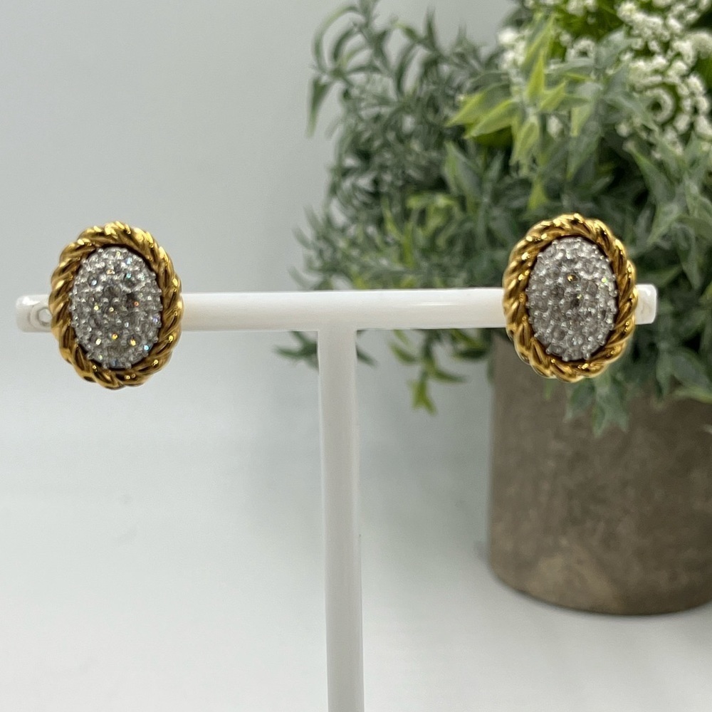 Swarovski Vintage Swan Oval Gold Tone Pave Crystal Stud Clip Earrings